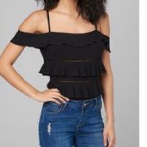 BEBE Women’s black Paige ruffled cami bodysuit.